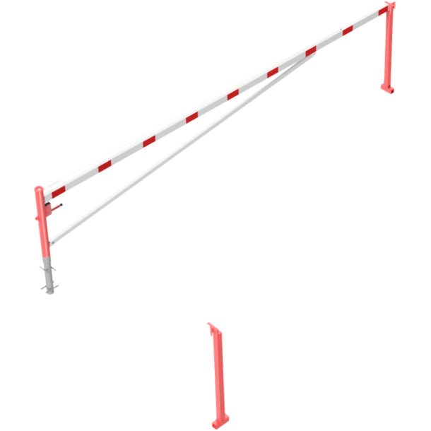 Swing barrier | with bracing tube and | pull rope reinforcement | for casting in concrete, hot-dip galvanized and white coated with red reflecting stripes | Barrier arm length: 6000 mm | with triangular lock